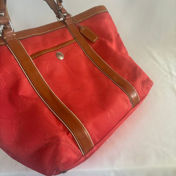 Coach Coral Signature Gallery Tote Bag Red Canvas Leather Monogram Handbag - Picture 8 of 15